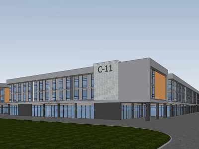 Modern Office Building C-11 with Gray Orange Facade Large Windows Lawn and Road Front 3d model