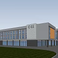 Modern Office Building C-11 with Gray Orange Facade Large Windows Lawn and Road Front