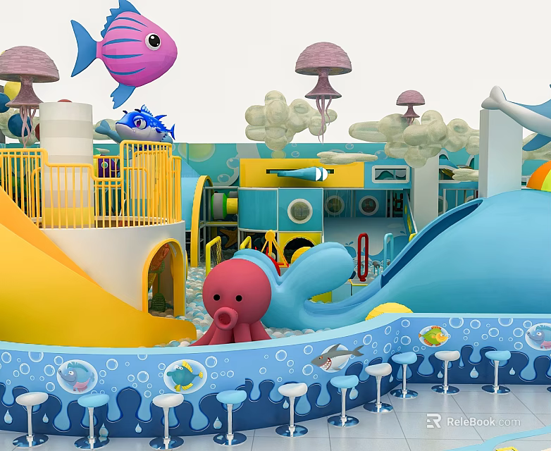 Ocean Themed Landscape Sculptures In Kids Play Area With Octopus Fish And Slide 3d model 