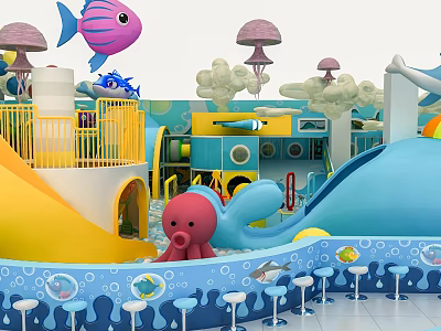 Ocean Themed Landscape Sculptures In Kids Play Area With Octopus Fish And Slide 3d model