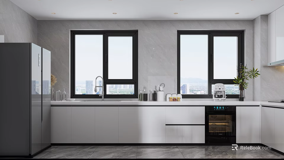 Modern Kitchen Interior With white cabinets double windows and city view 3d model 