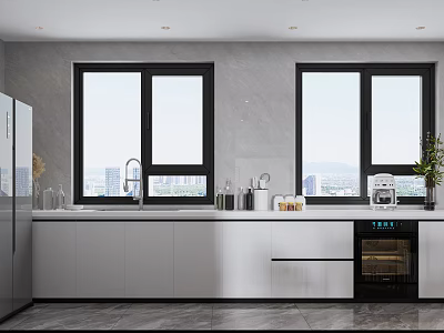 Modern Kitchen Interior With white cabinets double windows and city view 3d model