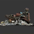 Abandoned Mechanical Structure With Rusted Parts Debris And Stone Fragments On Ruined Base