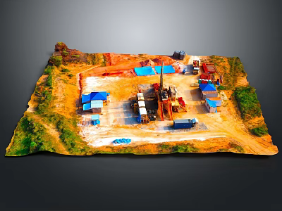 Cartoon Construction Site Scene With Construction Machinery Blue Tents Trucks And Green Vegetation 3d model