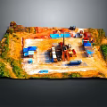 Cartoon Construction Site Scene With Construction Machinery Blue Tents Trucks And Green Vegetation