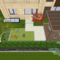 Garden Landscape with Children Playing Wooden Rocking Horse Green Lawn Trimmed Hedges and Pergola