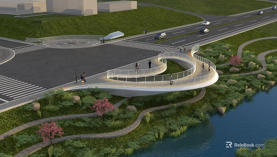Modern Road Facilities With Curved Pedestrian Bridge Green Grass Trees Pink Flowers And Vehicles 3d model 