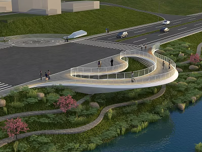 Modern Road Facilities With Curved Pedestrian Bridge Green Grass Trees Pink Flowers And Vehicles 3d model