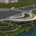 Modern Road Facilities With Curved Pedestrian Bridge Green Grass Trees Pink Flowers And Vehicles