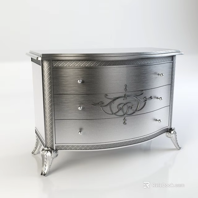 Elegant Silver Metal Bedside Table With Ornate Carvings Drawers And Decorative Legs 3d model 