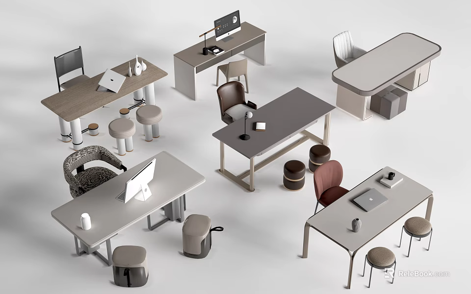 Modern Office Desks With Various Designs And Matching Chairs Stools And Accessories 3d model 