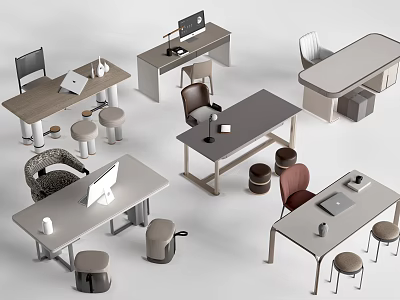 Modern Office Desks With Various Designs And Matching Chairs Stools And Accessories 3d model