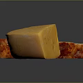Delicious Yellow Cheese with Holes and Cooked Red Brown Bacon on Dark Background