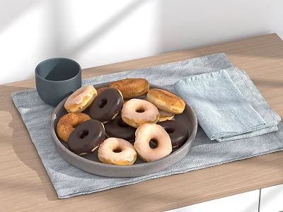 Assorted Donuts On Gray Plate With Gray Cup And Light Blue Cloth On Wooden Table 3d model