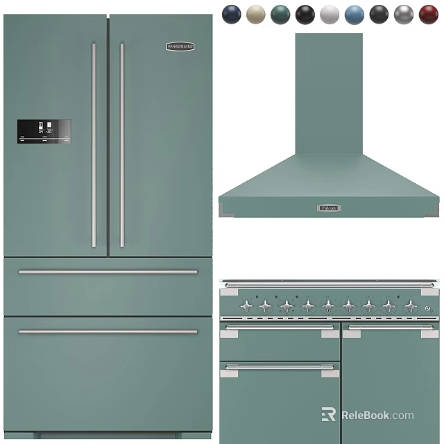 Modern Green Kitchen Appliances With Stainless Steel Handles Refrigerator Range Hood And Stove 3d model 