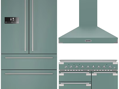 Modern Green Kitchen Appliances With Stainless Steel Handles Refrigerator Range Hood And Stove 3d model