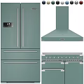 Modern Green Kitchen Appliances With Stainless Steel Handles Refrigerator Range Hood And Stove