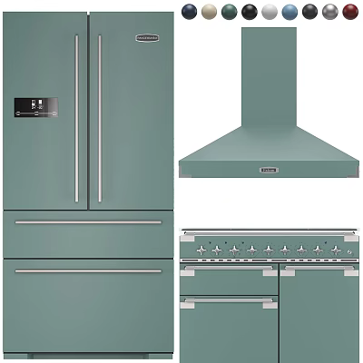 Modern Green Kitchen Appliances With Stainless Steel Handles Refrigerator Range Hood And Stove 3d model