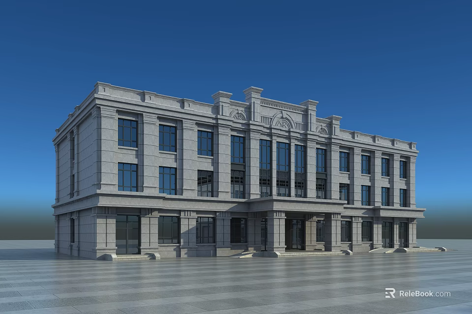 Classical Office Building With Stone Facade Large Windows And Ornate Architectural Details 3d model 