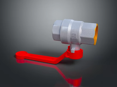Gray Ball Valve With Red Handle And Yellow Port On Dark Background With Reflection 3d model