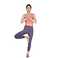 Women Practicing Yoga Tree Pose in Pink Top and Purple Leggings