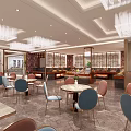 Elegant Restaurant Interior With Crystal Chandeliers Colored Chairs And Marble Flooring