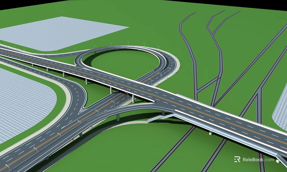 Modern Highway Bridge Interchange With Multiple Lanes Circular Design And Green Surroundings 3d model 