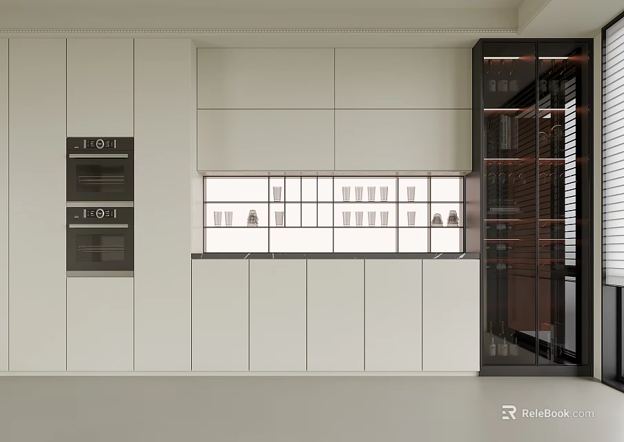 Modern Wine Cabinet With Black Frame In White Kitchen Featuring Open Shelves And Glass 3d model 