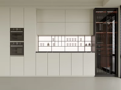 Modern Wine Cabinet With Black Frame In White Kitchen Featuring Open Shelves And Glass 3d model