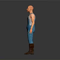 Elderly Man With Bald Head Wearing Blue Overalls With Ripped Holes And Brown Boots