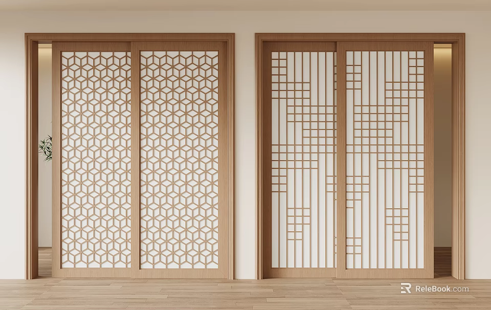 Modern Interior Sliding Doors With Wooden Frames And Different Geometric Patterns 3d model