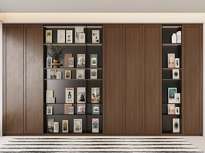 Modern Wooden Built in Bookcase Interior With Books Decorative Items And Potted Plant 3d model