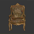 Ornate Classic Armchair With Intricate Gold Carvings Floral Upholstery And Curved Legs