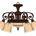 Vintage Black Metal Chandelier With Ornate Scrollwork And Clear Glass Shades