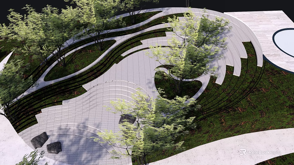 Serene Garden Landscape Design With Curved Walkways Trees Grass And Paved Stones 3d model 