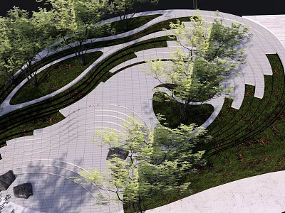 Serene Garden Landscape Design With Curved Walkways Trees Grass And Paved Stones 3d model