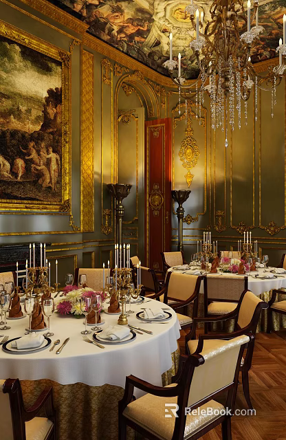 Classic Ballroom Interior With Ornate Gold Decor Chandeliers Mural And Dining Table Settings 3d model 