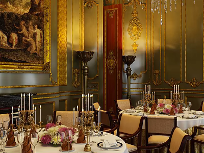 Classic Ballroom Interior With Ornate Gold Decor Chandeliers Mural And Dining Table Settings 3d model