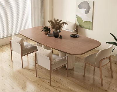 Modern Oval Wooden Dining Table Set With Four Light Colored Chairs And Decorative Plants 3d model