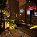 Cozy Modern Bar Interior With Warm Lighting Wooden Tables Green Plants And Circular Decor