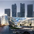 Modern Arched Building Exterior With Glass Curtain Walls Sunset Scene People And Car