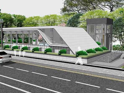 Modern Station Building With Sloped Roof Glass Facade And Green Landscaping 3d model