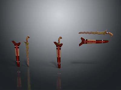 Traditional Red Decorative Components with Curved Tops and Ornamental Details on Gray Reflective Surface 3d model