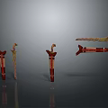 Traditional Red Decorative Components with Curved Tops and Ornamental Details on Gray Reflective Surface