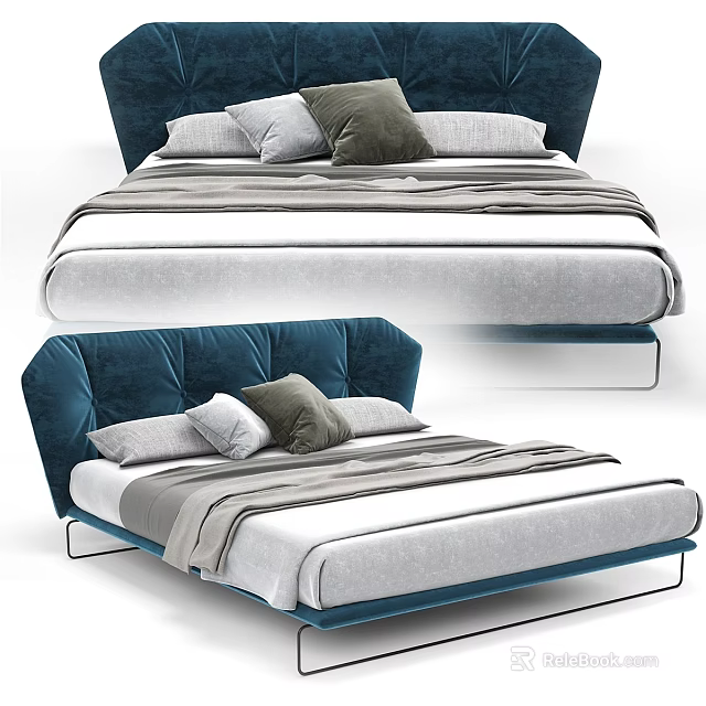 Modern Double Bed With Dark Blue Velvet Headboard Transparent Legs And Plush Pillows 3d model 
