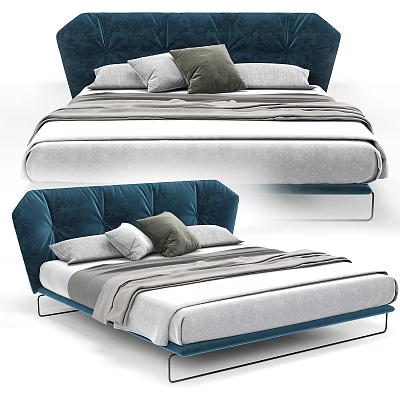 Modern Double Bed With Dark Blue Velvet Headboard Transparent Legs And Plush Pillows 3d model