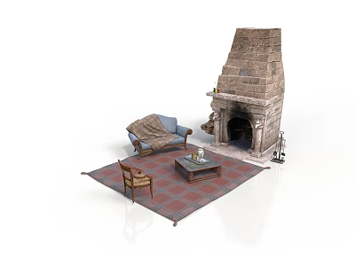 Interior Scene With Stone Fireplace Sofa Chair Coffee Table And Rug 3d model