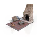 Interior Scene With Stone Fireplace Sofa Chair Coffee Table And Rug 3d model