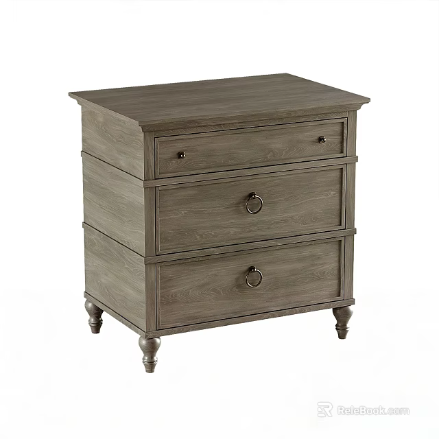 Gray Wooden Bedside Table With Three Drawers Round Knobs And Decorative Legs 3d model 