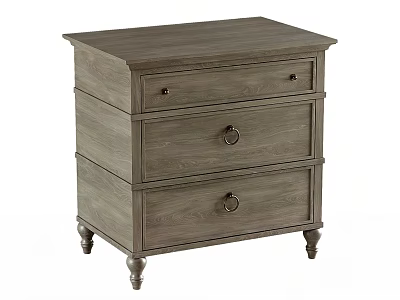 Gray Wooden Bedside Table With Three Drawers Round Knobs And Decorative Legs 3d model